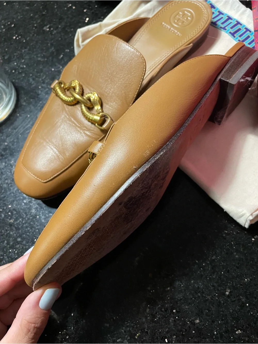 Tory Burch Tan Leather Slip-On Mules with Gold Chain - Picture 6 of 10